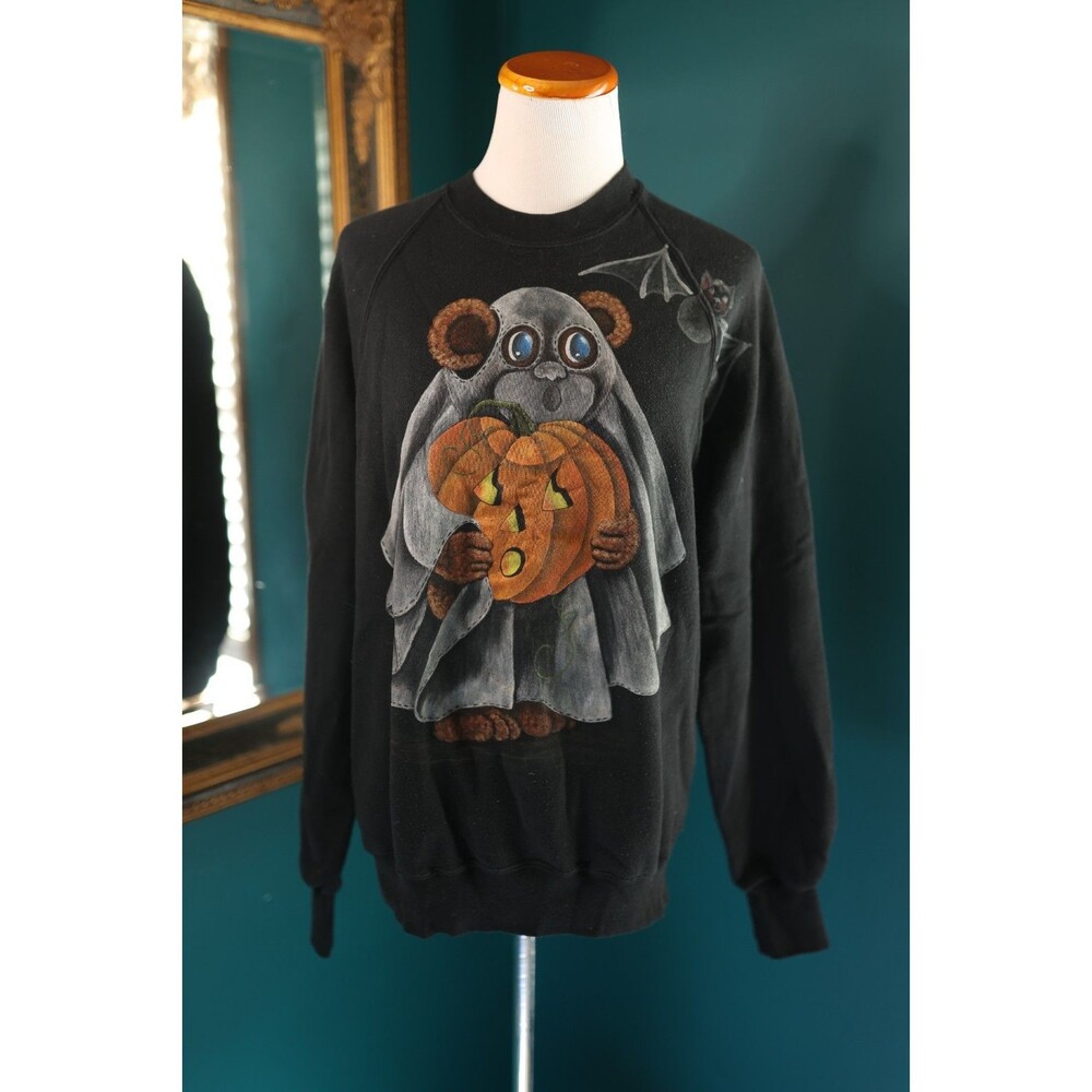 Vintage 90s Halloween Black Sweatshirt Ghost Teddy Bear Pumpkin Boo Bat Large